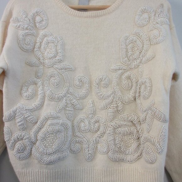 Linda B Collection Women's Sweater S Ivory Lambswool Angora Beads Vtg Luxury 332 - Picture 5 of 15